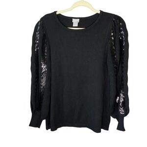 Chicos Black Sequin Cable Knit Sleeve Sweater Crew Neck Size 1 Medium